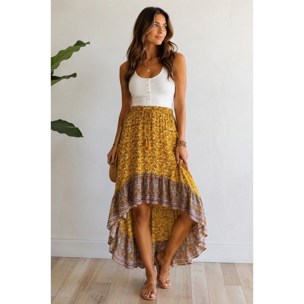 Boho Floral Maxi Skirt Mustard Yellow Tassel Tie Handkerchief Hem Cottagecore